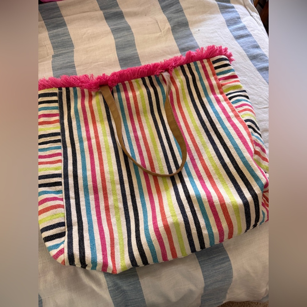 Multicolor Striped Tote with Pink Fringe